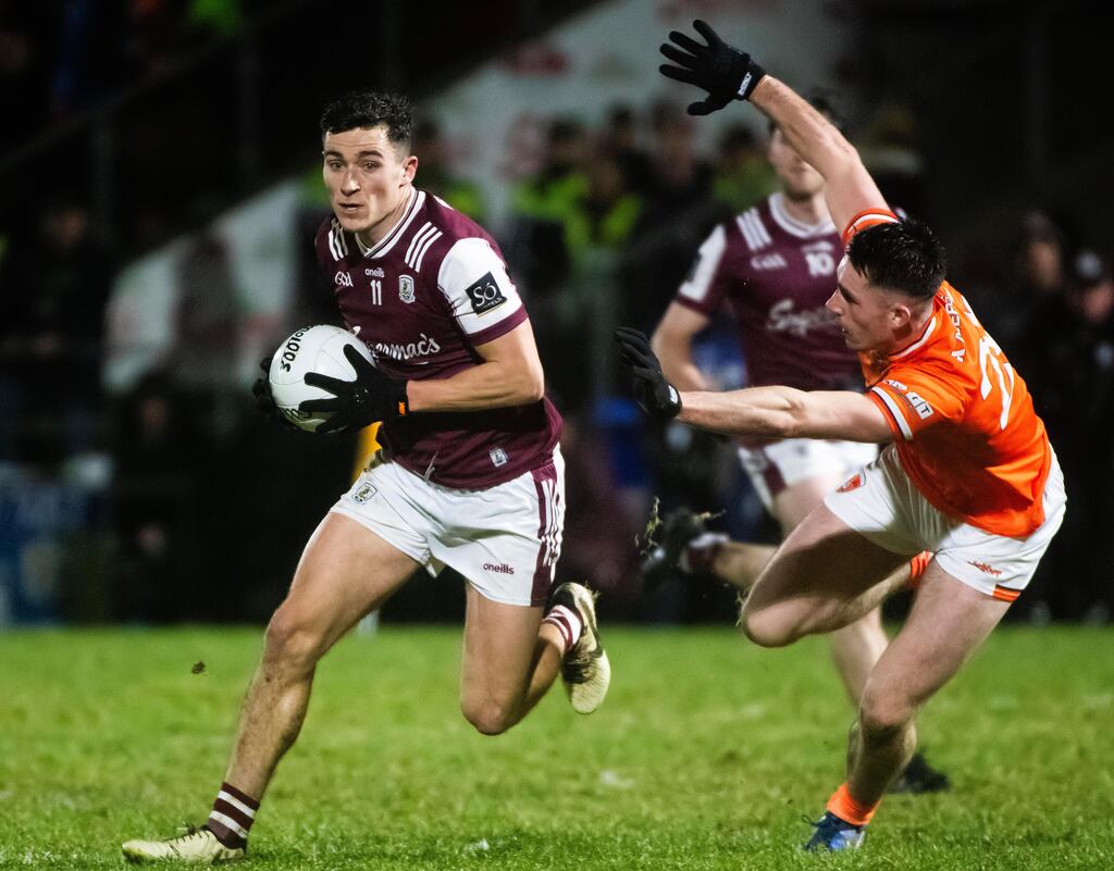 Galway’s Finnian Ó Laoí is challenged by Armagh’s Shane McPartland during the Allianz Football League Division One game at Pearse Stadium in Galway. Photograph: Evan Logan/Inpho