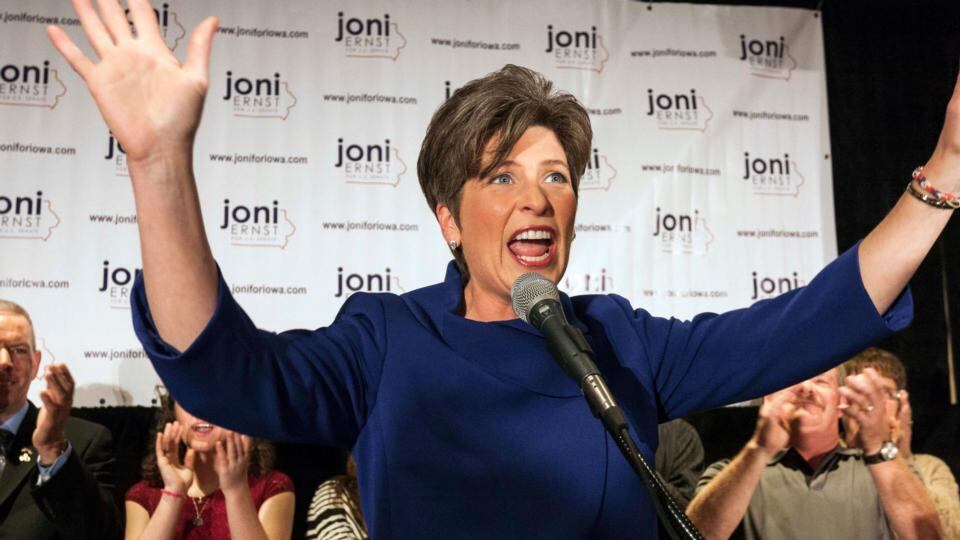Republican candidate for US Senate, Joni Ernst reacts after the results in midterm elections in West Des Moines, Iowa, November 4, 2014. REUTERS/Brian C. Frank