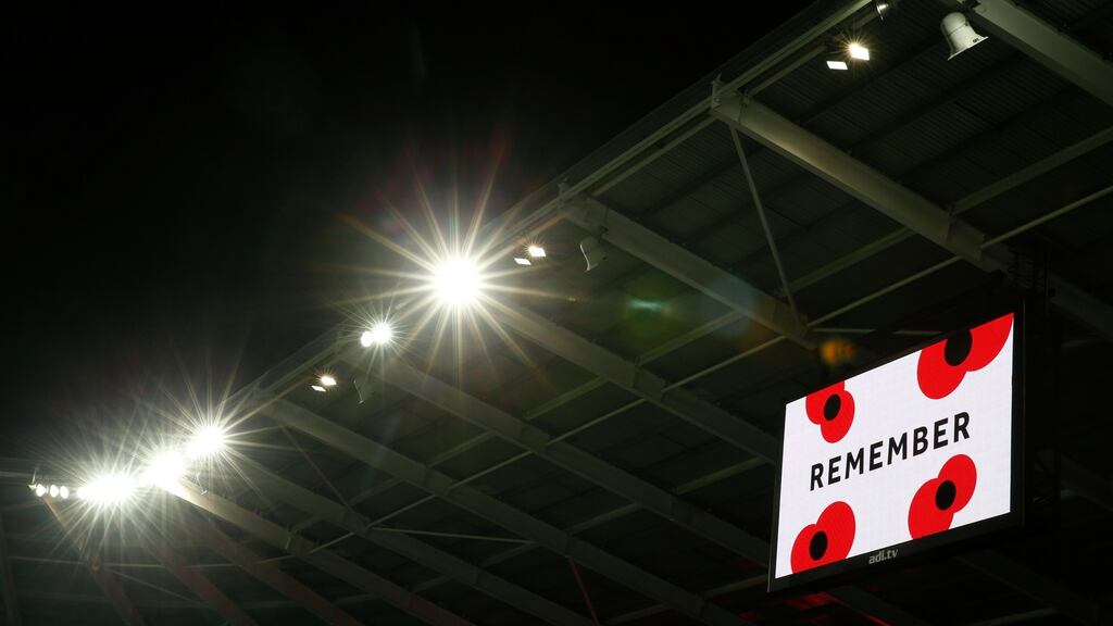 General view of the big screen displaying poppies as part of remembrance commemorations before Wales World Cup qualifier with Serbia. Photo: Matthew Childs/Reuters