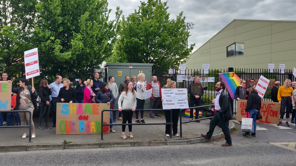 A protest outside Castleknock Educate Together National School over the planned use of a Catholic agency in delivering a day-long sex education class.