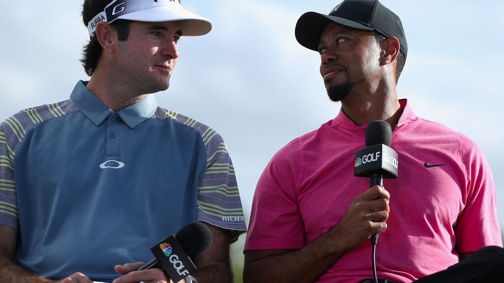 Bubba Watson and Tiger Woods speak with the media ahead of the Hero World Challenge at Albany, The Bahamas. Photo: Christian Petersen/Getty Images