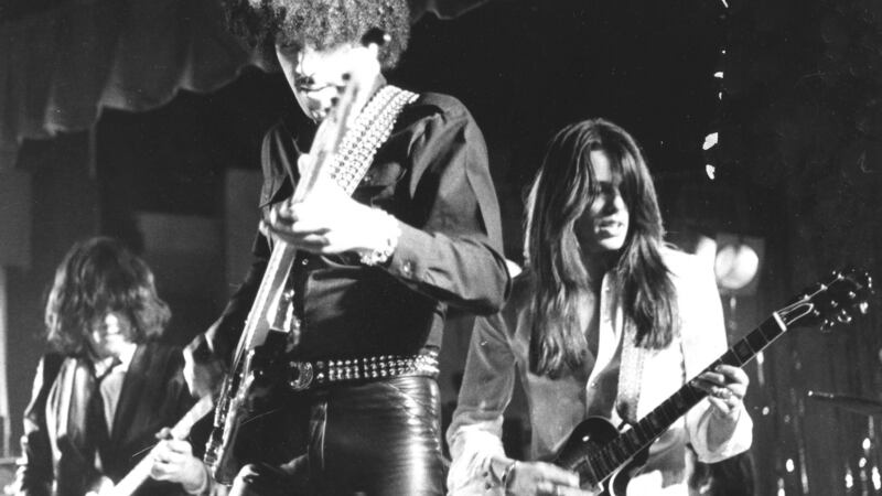 Gary Moore (left) Phil Lynott (centre) and Scott Gorham. Photograph: Terry Thorp