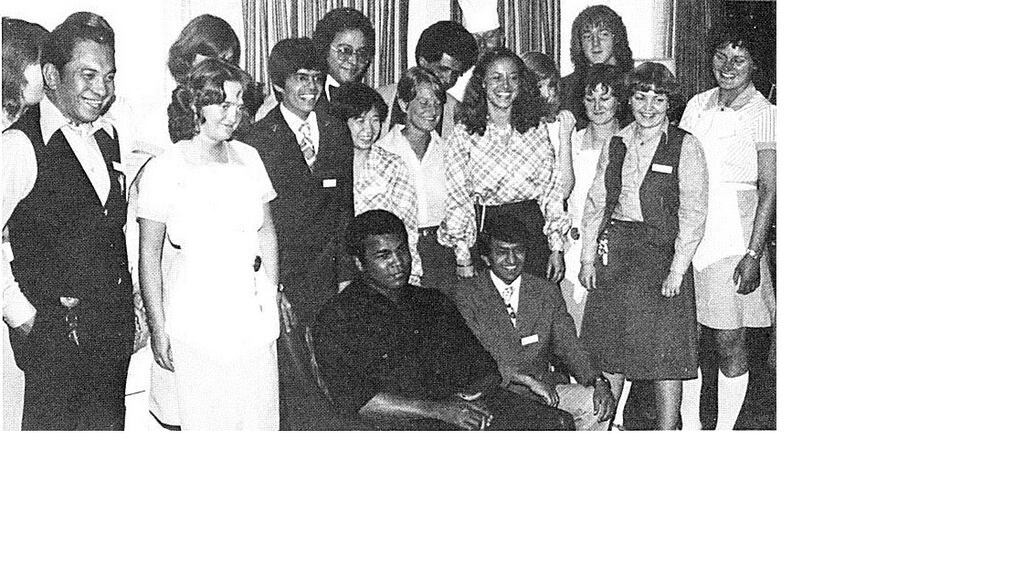 Muhammad Ali in Copenhagen’s swish Hotel Scandinavia in 1980. Maura O’Kiely: third from right; the bubble-permed hotel DJ is directly behind her.