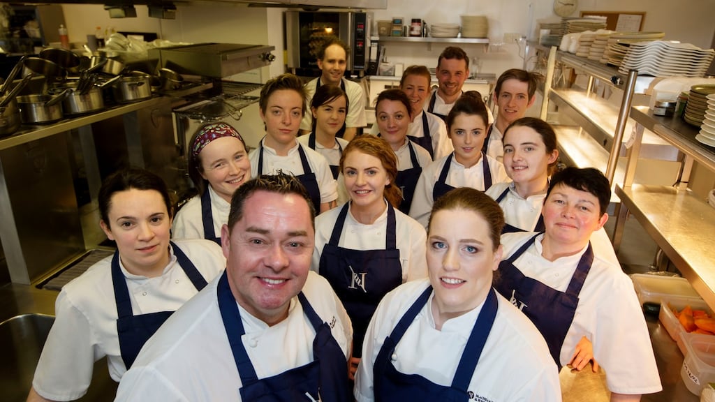 Neven Maguire with head chef Carmel McGirr (right) and the rest of the team at MacNean House in Blacklion, Co Cavan. Photograph: Alan Betson