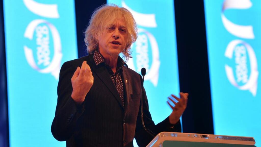 Bob Geldof addressing delegates at the One Young World 2014 Conference at the Convention Centre in Dublin yesterday. Photograph: Alan Betson/The Irish Times