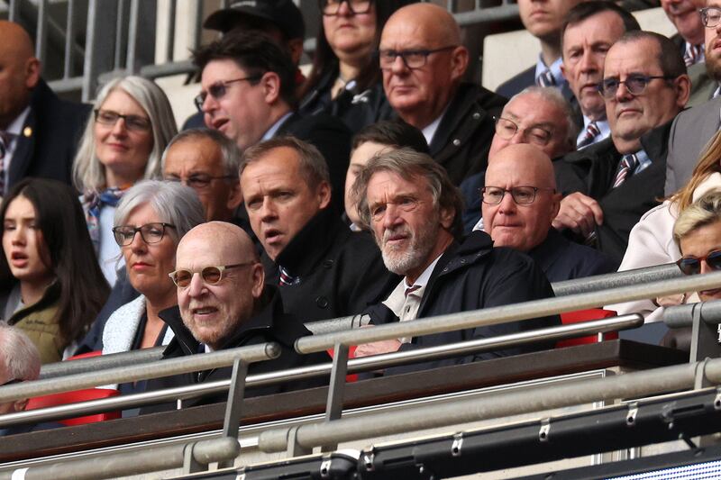 Avram Glazer, and Sir Jim Ratcliffe, Shareholders of Manchester United, look on from the stands during the FA Cup semi-final. Photograph: Richard Heathcote/Getty Images