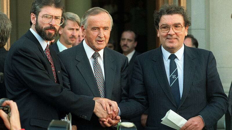 Taoiseach Albert Reynolds shakes hands with Sinn Féin leader Gerry Adams and SDLP leader John Hume outside Government Buildings after a discussion of ways to advance the peace process following the IRA’s ceasefire announcement of August 31st, 1994. Photograph: Matt Kavanagh/The Irish Times