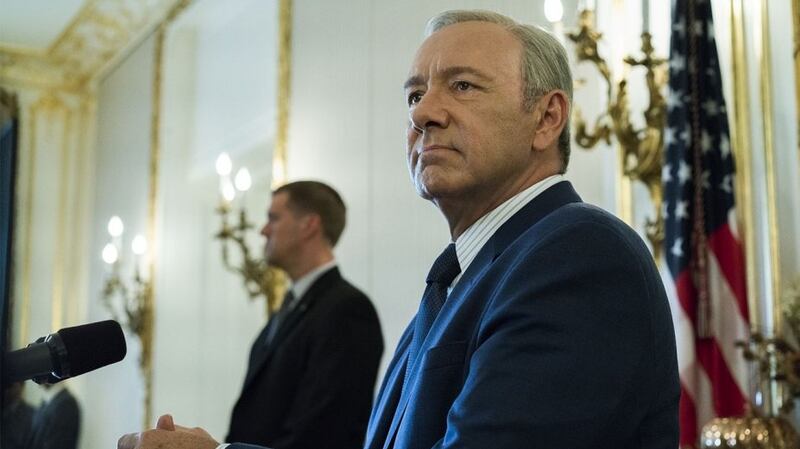 Kevin Spacey as Frank Underwood, the fantasy Democratic president of the Trumpocalyse
