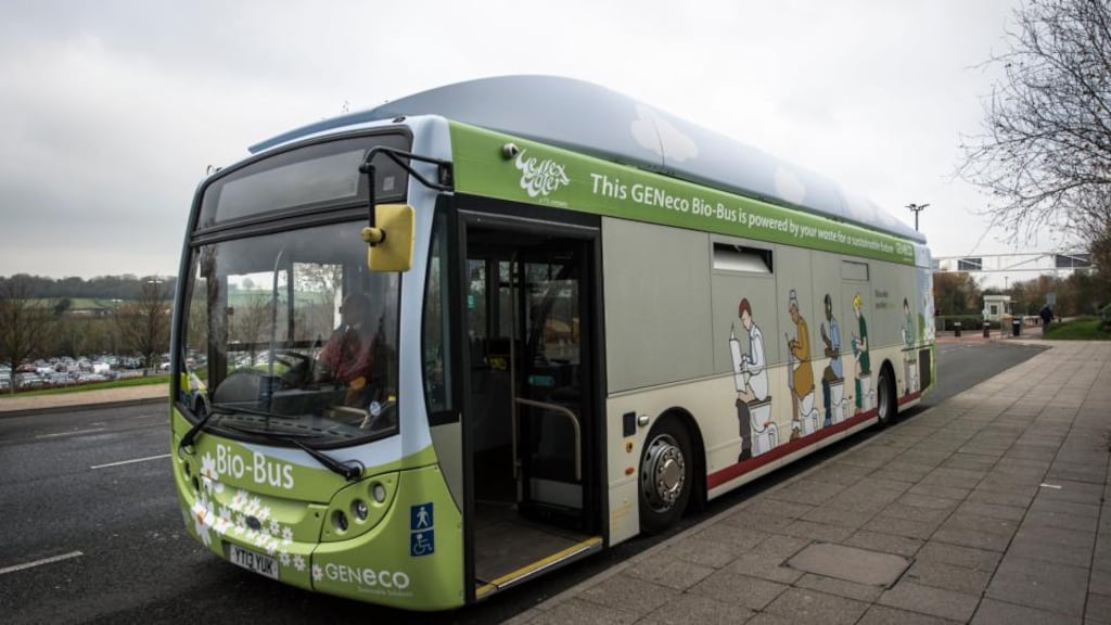 Britain’s first “poo bus”, which runs on human and household waste and is due to go into regular service later this month. Photograph: Ben Birchall/PA Wire.