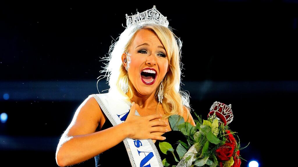 Miss Arkansa Savvy Shields reacts after being named  Miss America in Atlantic City. Photograph: Noah K Murray/AP Photo