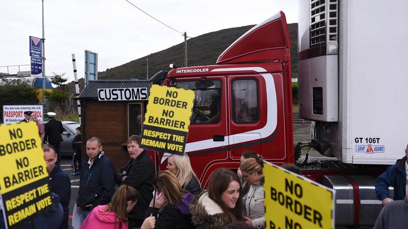 Anti-Brexit campaigners, Borders Against Brexit, set up a mock customs hut at Carrickcarnon, at the border between Co Fermanagh and Co Cavan over the weekend to protest against the Brexit decision. Photograph: Reuters