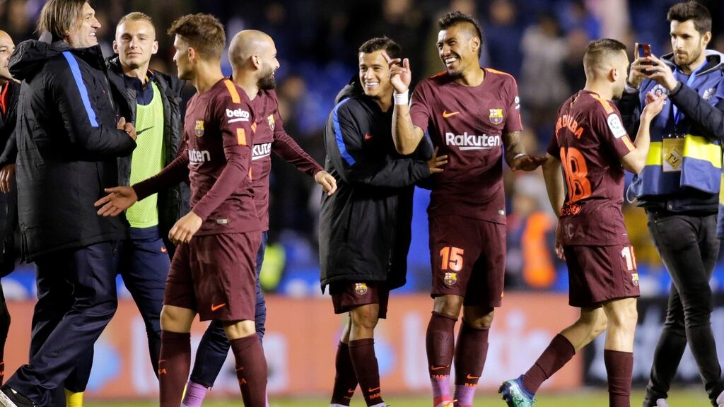 Barcelona celebrate winning the league against Deportivo de La Coruna. Photograph: Reuters