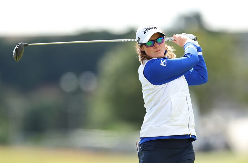 Ireland's Leona Maguire tees off on the third hole during her third round at the AIG Women's Open at St Andrews. Photograph: Michael Reaves/Getty Images