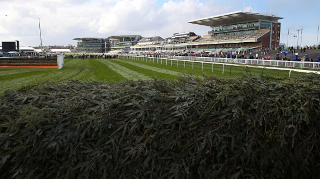 The Chair fence at Aintree Racecourse in Liverpool, England. Photograph: Alex Livesey/Getty Images
