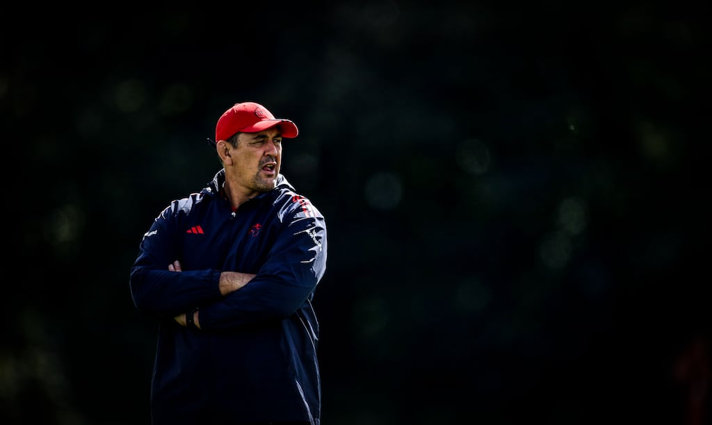 Head coach Clayton McMillan runs the rule over his Munster players during training on Tuesday ahead of Friday's preseason friendly against Bath. Photograph: Nick Elliott/Inpho