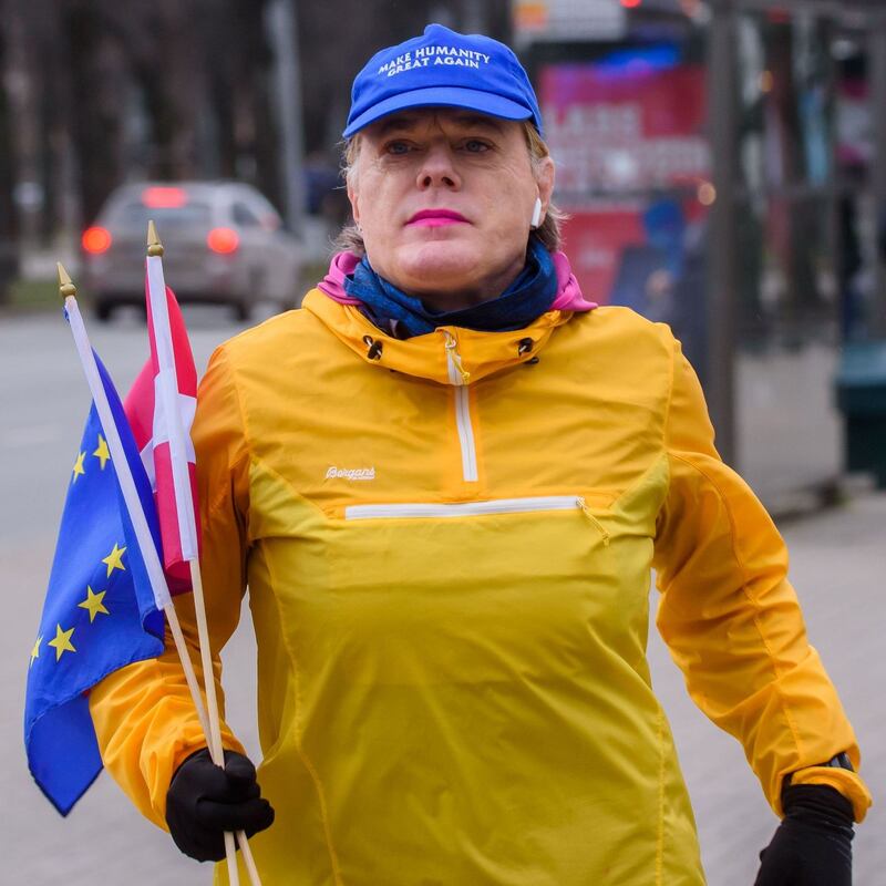 Izzard running her 18th marathon in a row as part of a challenge to raise money for charities such as Unicef. Photograph: Gints Ivuskans/AFP via Getty