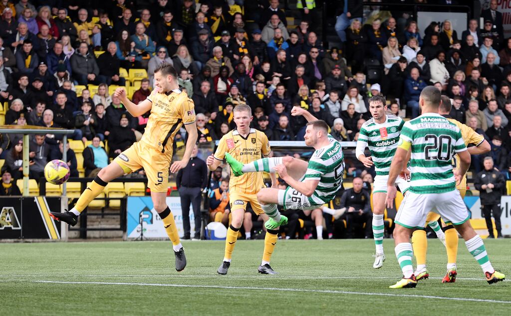 Celtic's Anthony Ralston attempts a shot on goal during the Scottish Premiership match against Livingston at the Tony Macaroni Arena. Photograph: Steve Welsh/PA Wire