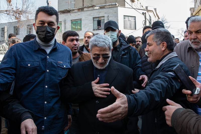 Brig Gen Esmail Ghaani (centre), commander in chief of the Quds Forces, the branch of the Islamic Revolutionary Guards Corps that oversees Iran’s proxies, at a funeral in Tehran earlier this month. Photograph: Arash Khamooshi/New York Times