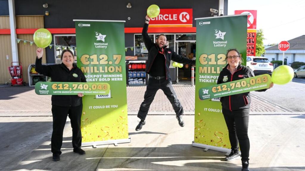 Circle K employees celebrate after their store sold the winning ticket in a €12.7m Lotto jackpot, on the Waterford Road in Kilkenny city. Photograph: Vicky Comerford/Mac Innes Photography