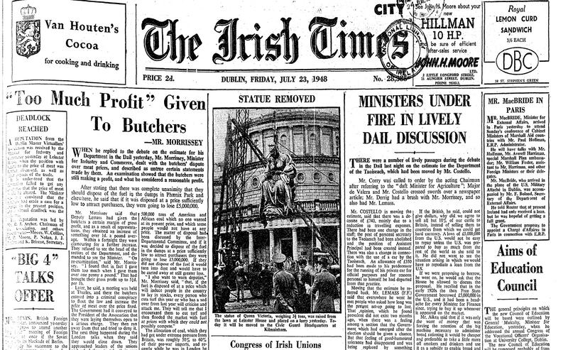 STATUE REMOVED: The front page of The Irish Times on July 23rd, 1948