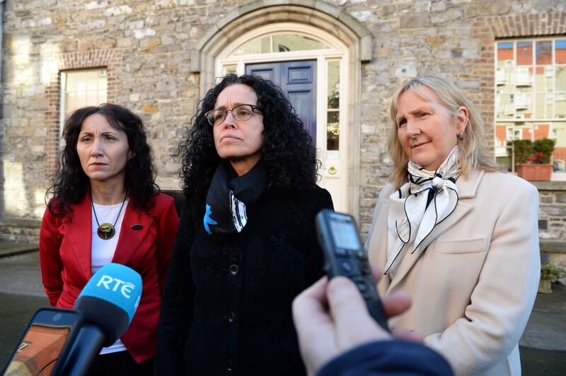 INMO general secretary Phil Ni Sheagh (centre):  ‘Our message is clear. We will not be going away’ Photograph: Dara Mac Dónaill/The Irish Times