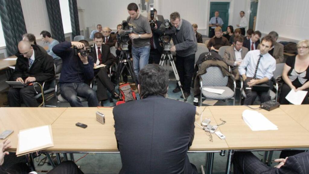The late Brian Lenihan, the then Minister for Finance, telling reporters on September 30th 2008 that the Government had decided to guarantee all deposits in Irish banks. Photograph: Mark Stedman/Photocall Ireland