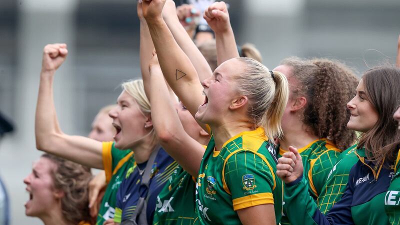 Meath’s Vikki Wall celebrates with her team-mates after they ended Dublin’s dominance of the women’s football championship. Photograph: Bryan Keane/Inpho