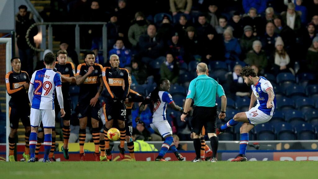 Blackburn Rovers’ Charlie Mulgrew scores against Newcastle. Photograph: Clint Hughes/PA Wire