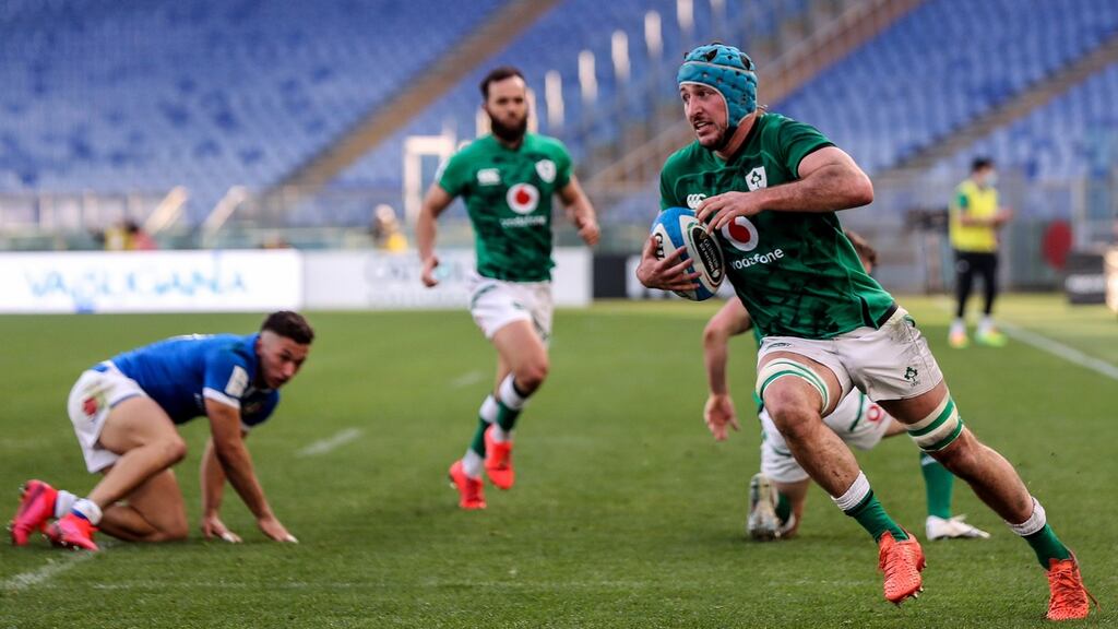 Of Ireland’s eight tries so far, Will Connors’ first score against Italy is all that can be paraded around the winner’s enclosure as a strategy invented in the coach’s box. Photograph: Tommy Dickson/Inpho