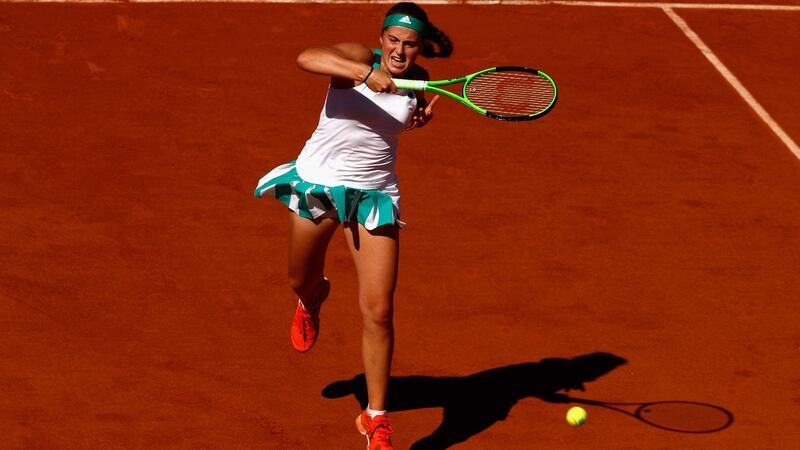 Latvia’s Jelena Ostapenko plays a forehand during the women’s French Open final against Simona Halep of Romania at Roland Garros in Paris. Photograph: Adam Pretty/Getty Images