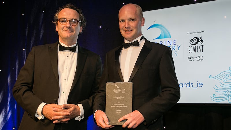 Prof. Jerry Murphy, MaREI Centre Director, MARei presents the Future Achiever Award to Sean Harrington, Atlantic Towage & Marine.