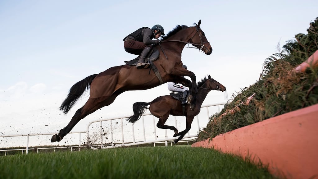 Gold Cup possible Djakadam schooling over fences with Ruby Walsh after racing at Leopardstown on Sunday. Photograph: Patrick McCann