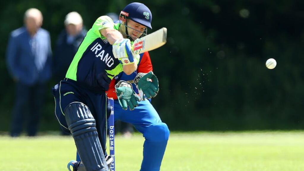 Ireland captain William Porterfield on his way to an unbeaten 56 in the seven-wicket victory over Namibia at the ICC World Twenty20 Qualifier at Stormont in Belfast. Photograph: William Cherry/Inpho/Presseye
