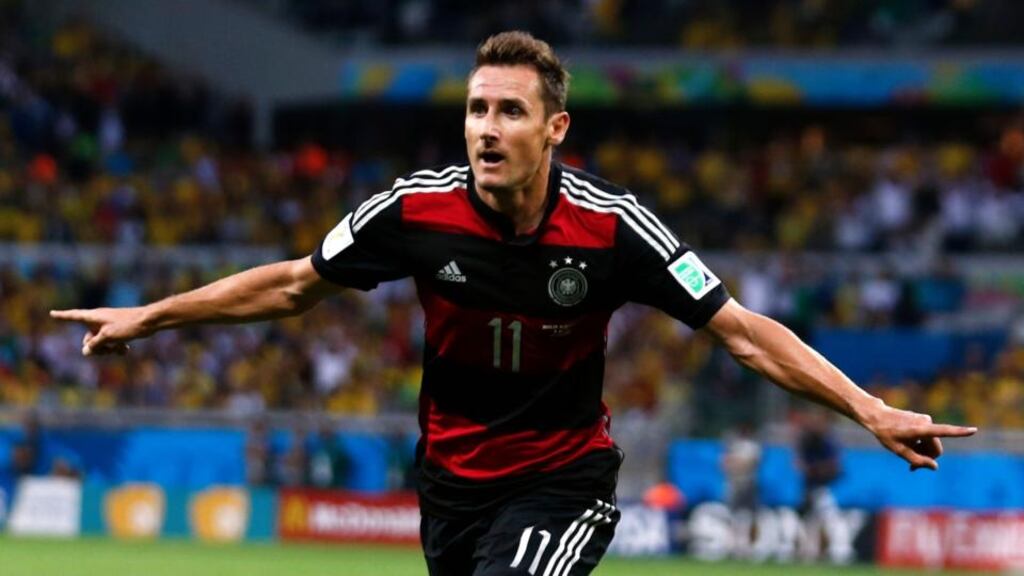 Germany striker Miroslav Klose celebrating after scoring a goal during the World Cup semi-final win over Brazil in Belo Horizonte. Photograph: Marcos Brindicci/Reuters