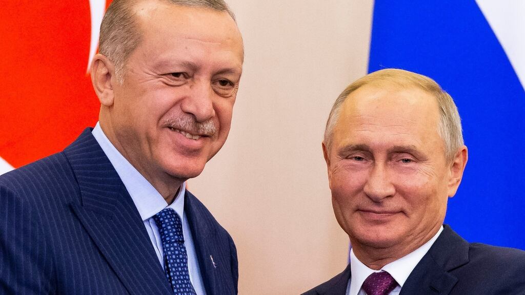Turkish president Recep Tayyip Erdogan and Russian counterpart Vladimir Putin following their talks in Sochi on Monday.  Turkish-US relations have soured, encouraging Moscow to establish a bilateral regional strategic alliance.  Photograph: Alexander Zemlianichenko/Pool via Reuters