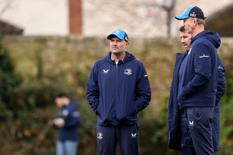 Leinster coaches Jacques Nienaber, Sean O'Brien and Leo Cullen. Photograph: Ben Brady/Inpho