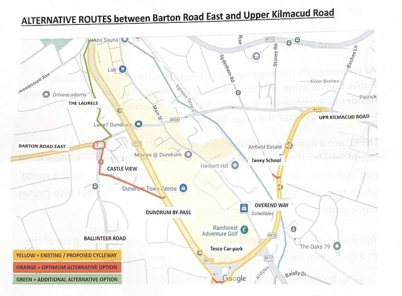 Alternative routes to the DLR connector proposed by Save Dundrum Village Action Committee.