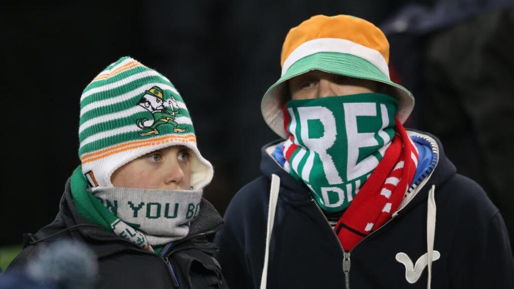 Ireland's fans feel the chill at the Aviva Stadium. Photograph: Lorraine O'Sullivan/Inpho