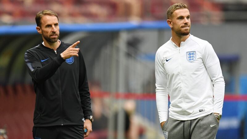 Jordan Henderson and Gareth Southgate during training at the Luzhniki Stadium. Photo: Getty Images