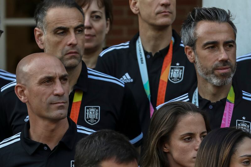 Spanish FA president Luis Rubiales and head coach Jorge Vidal at a reception hosted by the prime minister for the Spanish women’s football team at Moncloa Palace in Madrid after their World Cup triumph. Photograph: Pablo Blazquez Dominguez/Getty Images