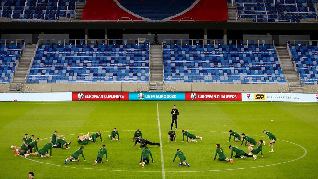 Ireland training at the Tehelné Pole Stadium in Bratislava ahead of Thursday night’s Euro 2020 playoff semi-final against Slovakia. Photograph: Tommy Dickson/Inpho