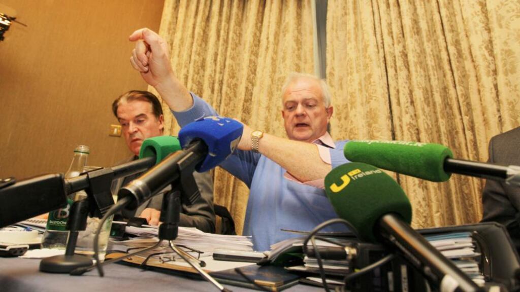 Tom Darcy and Jerry Beades of the New Land League at a press conference in Dublin on Wednesday evening. Photograph: Collins Photos