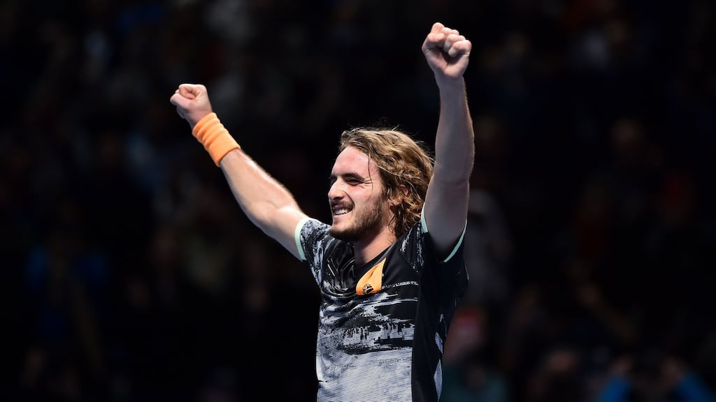 Greece’s Stefanos Tsitsipas celebrates after defeating Austria’s Dominic Thiem to win the ATP World Tour Finals at the O2 Arena in London. Photograph: Glyn Kirk/AFP via Getty Images.
