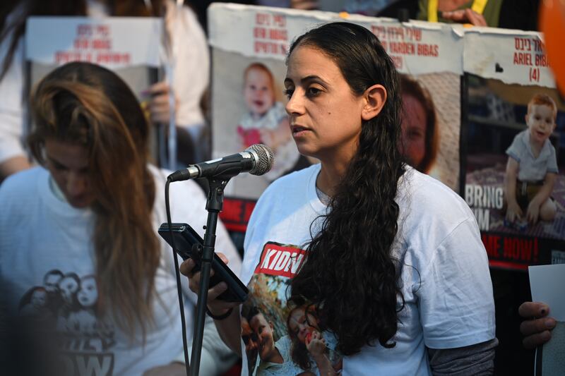 Ofri Bibas Levy, sister of Yarden Bibas, at a press conference in Tel Aviv about the continuing hostage crisis on Tuesday. Photograph: by Alexi J Rosenfeld/Getty