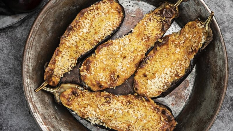 Baked aubergines with harissa, orange and mascarpone.