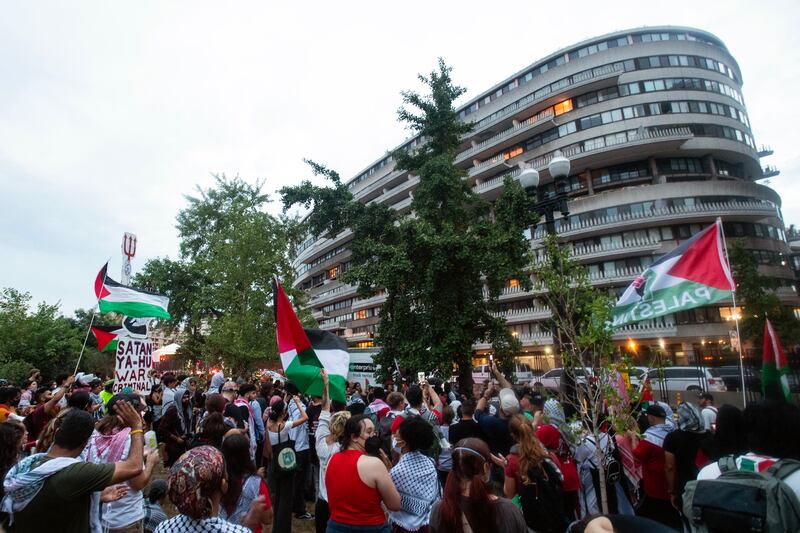 Pro-Palestinian protesters demonstrate outside the Watergate Hotel following Israeli prime minister Binyamin Netanyahu's address during a joint session of congress in Washington. Photograph: Matthew Hatcher/AFP via Getty Images