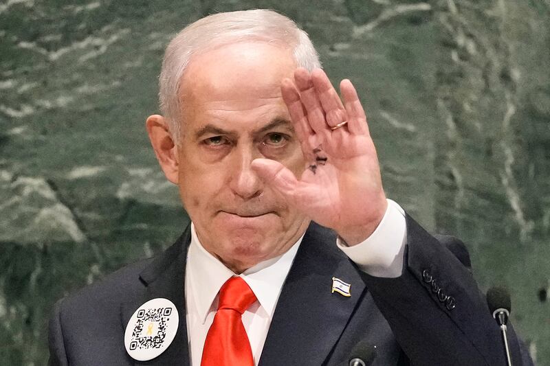 Israeli prime minister Binyamin Netanyahu addresses the UN on Friday. Photograph: AP
