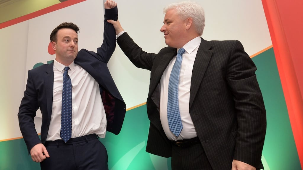 Colum Eastwood, who has been elected as the new SDLP leader is seen with the new deputy leader Fearghal McKinney at the party’s conference in the Armagh City Hotel on Saturday. Photograph: Pacemaker