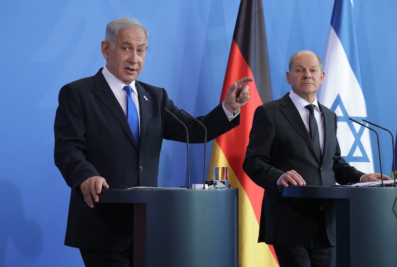 Israeli prime minister Benjamin Netanyahu and German chancellor Olaf Scholz and speak to the media following talks in Berlin. Photograph: Sean Gallup/Getty Images