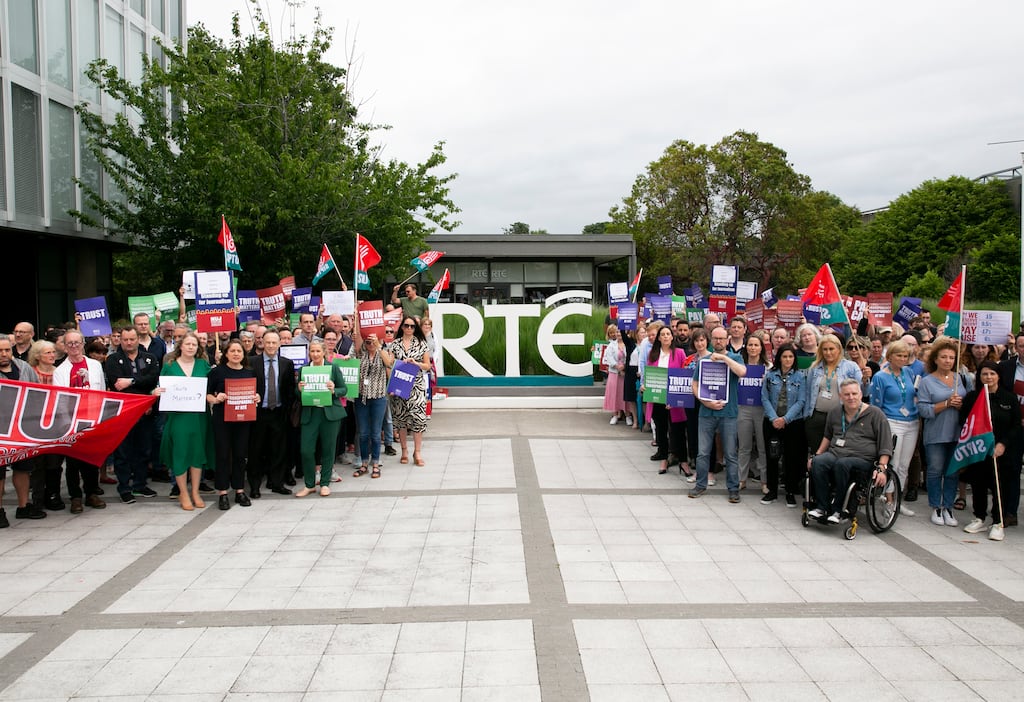 RTÉ employees during a protest at Montrose following revelations of undisclosed payments to Ryan Tubridy. Photograph: Gareth Chaney/ Collins Photos